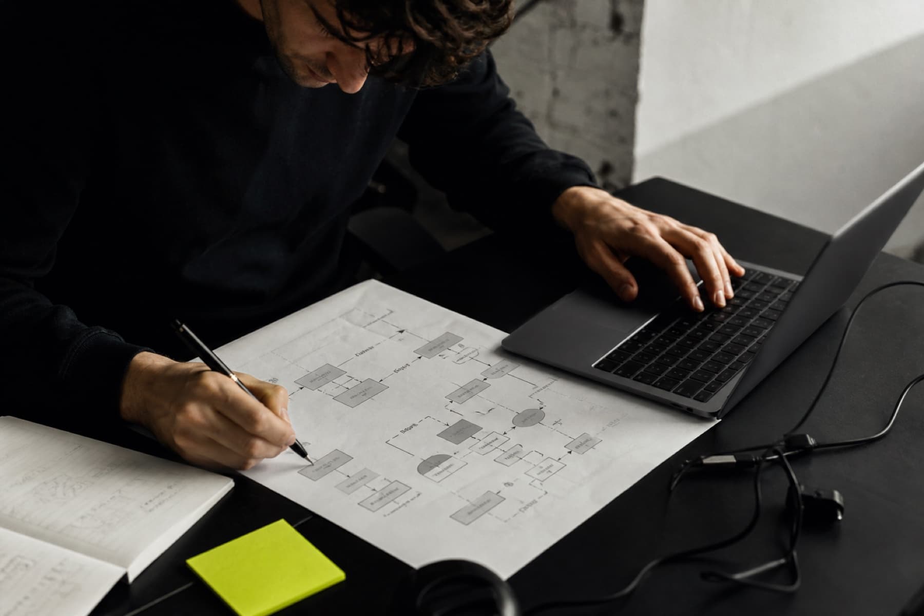 Un opérateur annote un parcours de conversion à côté de son ordinateur